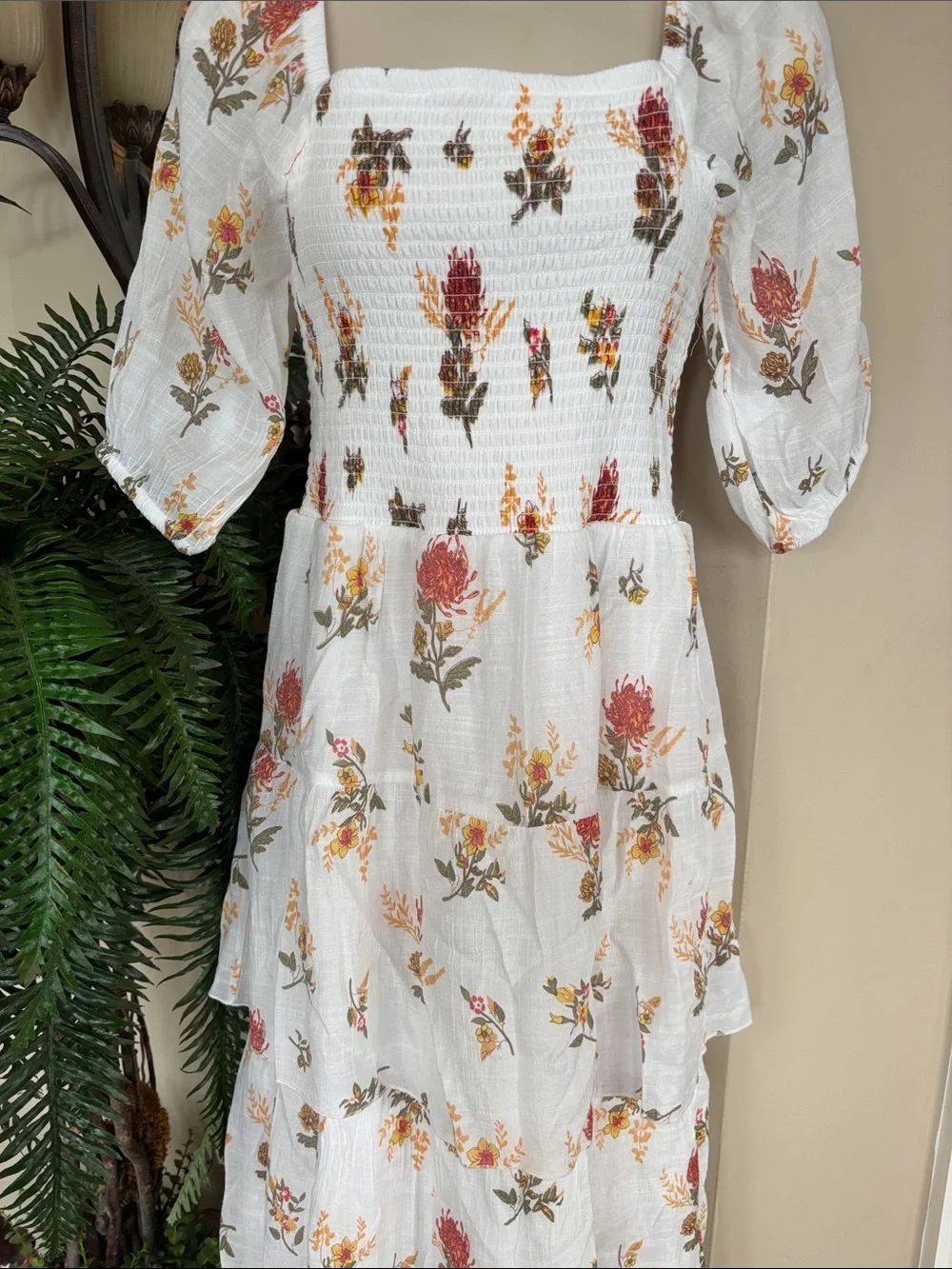 J. Gee White Boho Floral Tiered Maxi Dress Smocked Bodice Ruffle Puff Sleeves - Picture 5 of 15